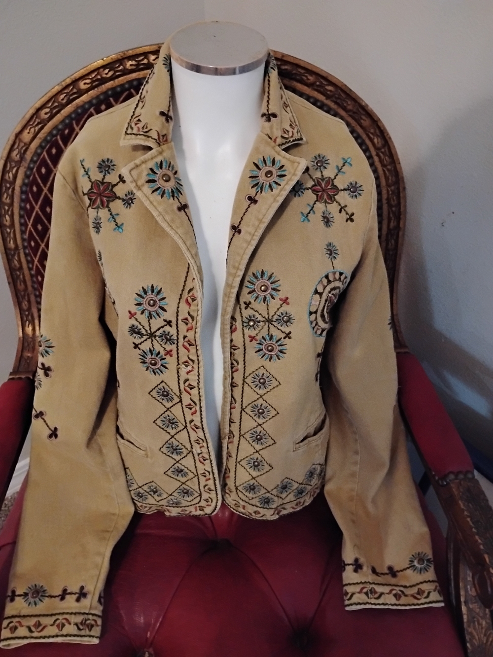 DB Sport Beige Embroidered Women's Jacket. Size Medium. Wearable Art